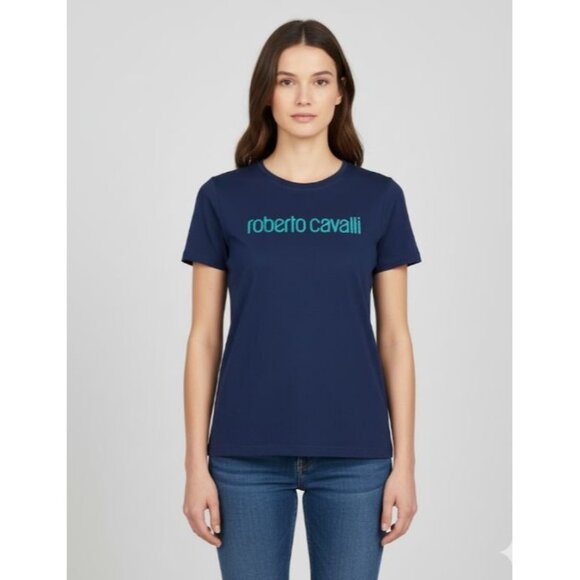 Roberto Cavalli Navy Blue Logo Print Shirt Sleeve T-Shirt Women's Size Large - Picture 4 of 14
